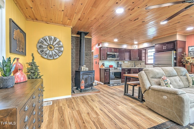 190 Roanwood Rd, Roan Mountain, TN 37687 - living room featuring a wood stove, recessed lighting, wooden ceiling, light wood-type flooring, and visible vents