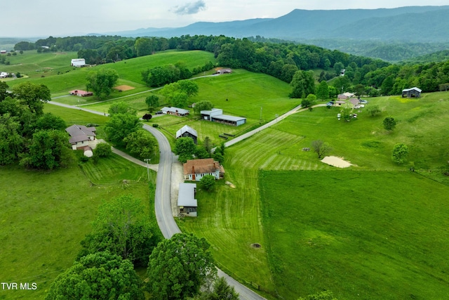 aerial view featuring a rural view and a mountain view