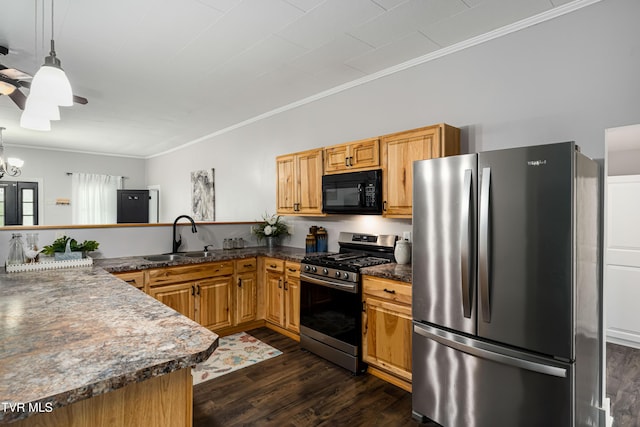 kitchen with crown molding, appliances with stainless steel finishes, dark wood-style floors, and a sink