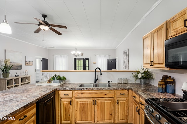kitchen with ornamental molding, ceiling fan with notable chandelier, black appliances, and a sink