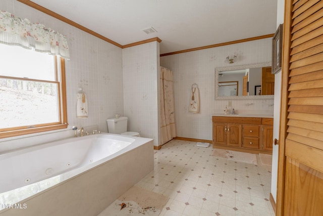 bathroom with toilet, a jetted tub, tile patterned floors, crown molding, and visible vents
