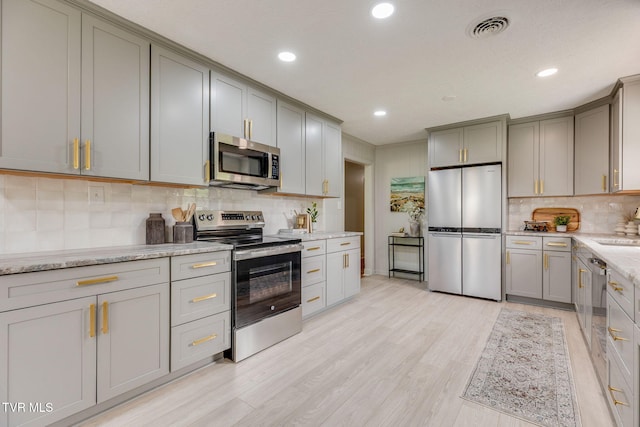 541 Vance Dr, Bristol, TN 37620 - kitchen featuring stainless steel appliances, gray cabinets, backsplash, and recessed lighting