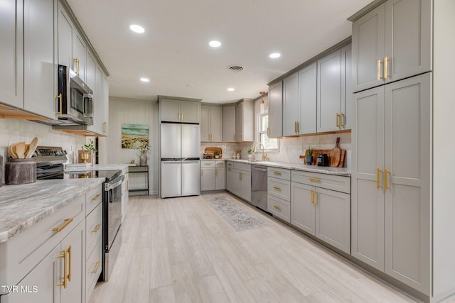 541 Vance Dr, Bristol, TN 37620 - kitchen featuring appliances with stainless steel finishes, gray cabinets, recessed lighting, backsplash, and light wood-style floors