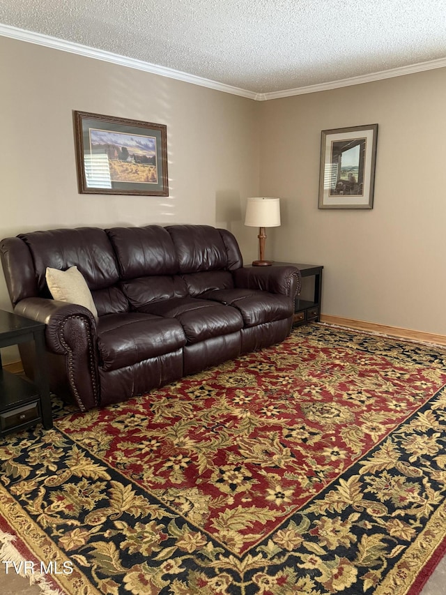 living room with a textured ceiling and ornamental molding