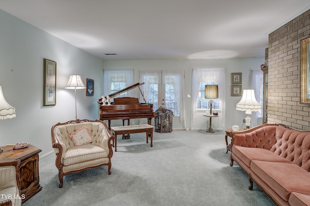 600 Valley Ave, Erwin, TN 37650 - living area featuring brick wall, french doors, baseboards, and carpet floors