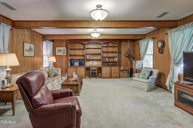 600 Valley Ave, Erwin, TN 37650 - living area featuring carpet flooring, wooden walls, visible vents, and beamed ceiling