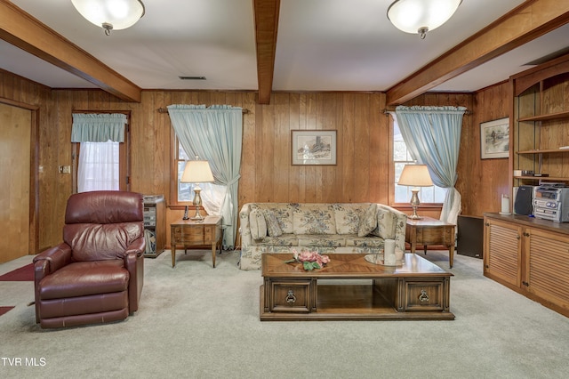 600 Valley Ave, Erwin, TN 37650 - carpeted living area featuring wood walls, beamed ceiling, and visible vents