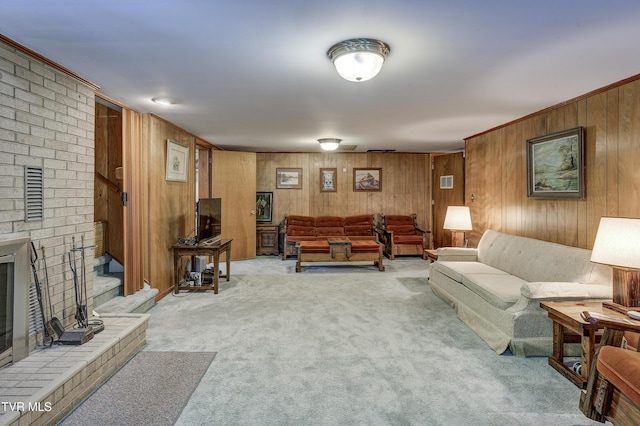 600 Valley Ave, Erwin, TN 37650 - living room with light carpet, a fireplace, and wooden walls