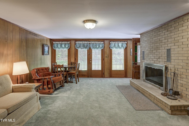 600 Valley Ave, Erwin, TN 37650 - living area with carpet floors, wooden walls, a fireplace, and plenty of natural light