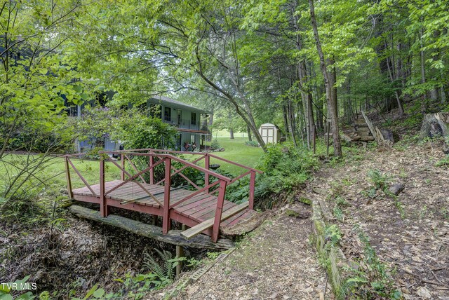 600 Valley Ave, Erwin, TN 37650 - view of yard featuring an outbuilding, a wooden deck, and a shed