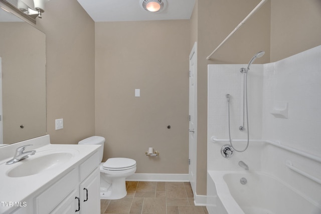bathroom with bathtub / shower combination, toilet, baseboards, and vanity