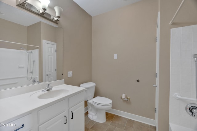 bathroom with shower / bath combination, baseboards, toilet, tile patterned flooring, and vanity