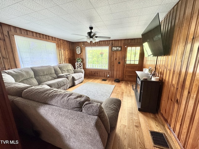7311 Rocky Fork Rd, Wise, VA 24293 - living room featuring light wood-style floors, visible vents, wood walls, and a ceiling fan