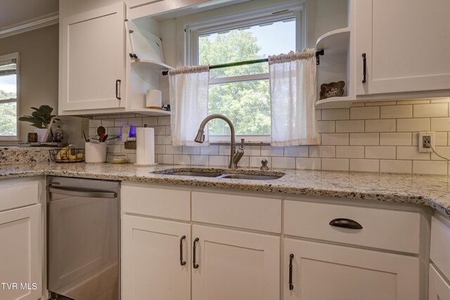 2405 Larkspur Dr, Johnson City, TN 37604 - kitchen featuring a sink, open shelves, stainless steel dishwasher, and white cabinets