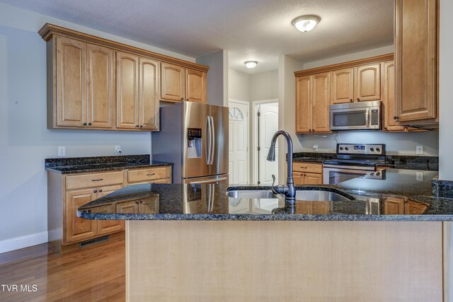 575 Boring Chapel Rd Unit 31, Johnson City, TN 37615 - kitchen featuring a peninsula, dark stone countertops, a sink, stainless steel appliances, and baseboards