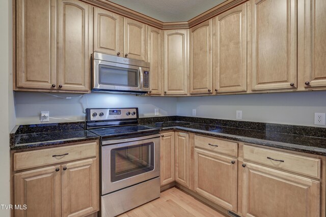 575 Boring Chapel Rd Unit 31, Johnson City, TN 37615 - kitchen with stainless steel appliances, light wood-style flooring, light brown cabinets, and dark stone counters