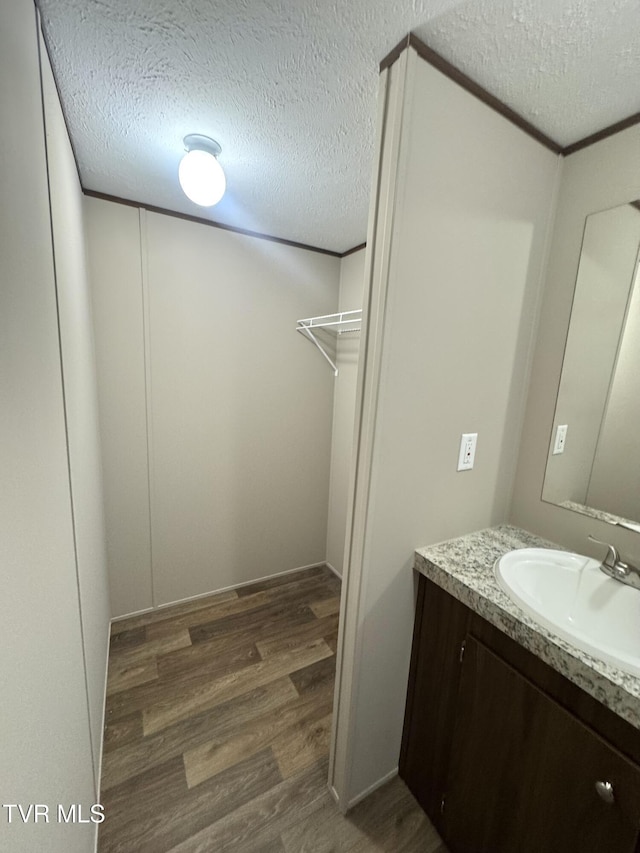 236 Redwood Dr, Raven, VA 24639 - bathroom with a textured ceiling, wood finished floors, vanity, and a spacious closet