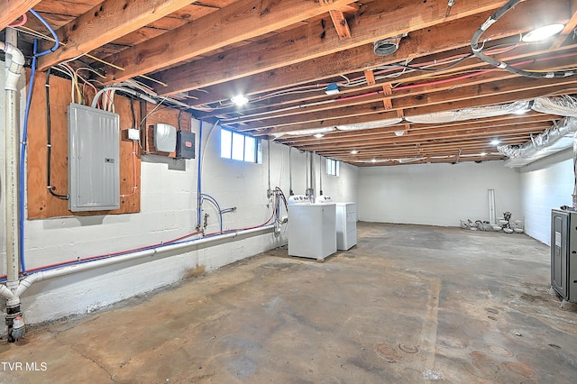 basement with electric panel and washer and clothes dryer