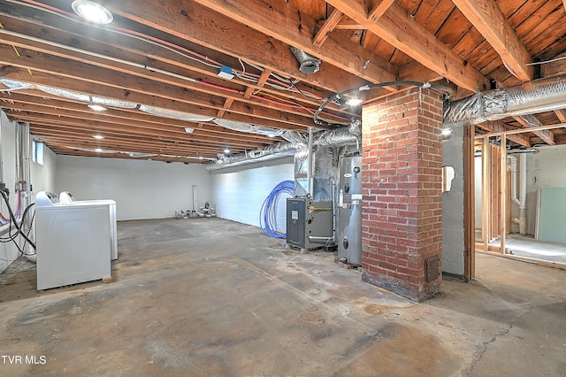 unfinished below grade area with washer and clothes dryer, water heater, and heating unit