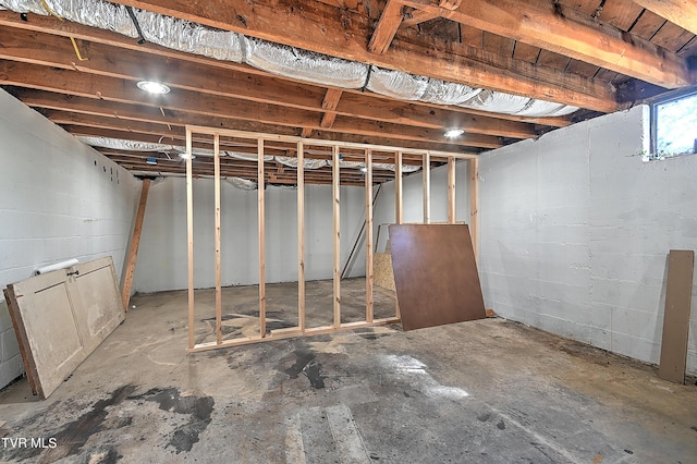 unfinished below grade area featuring concrete block wall