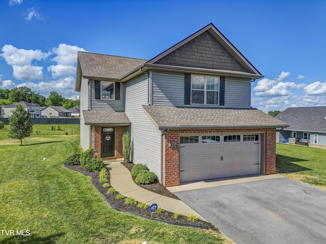 view of front of home featuring an attached garage, brick siding, driveway, and roof with shingles