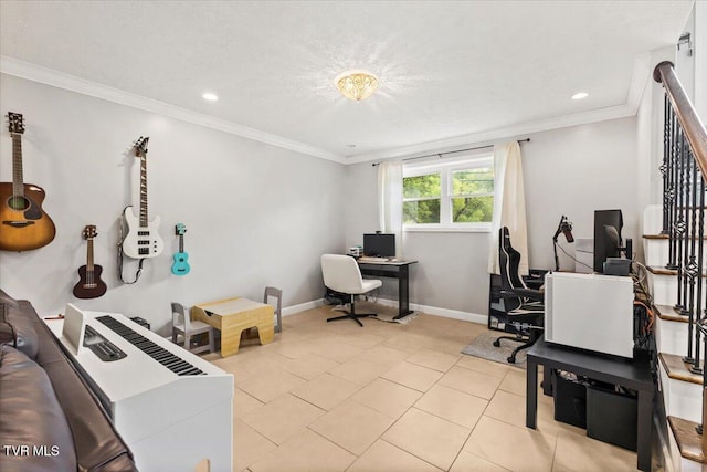 home office featuring baseboards, ornamental molding, light tile patterned floors, and recessed lighting
