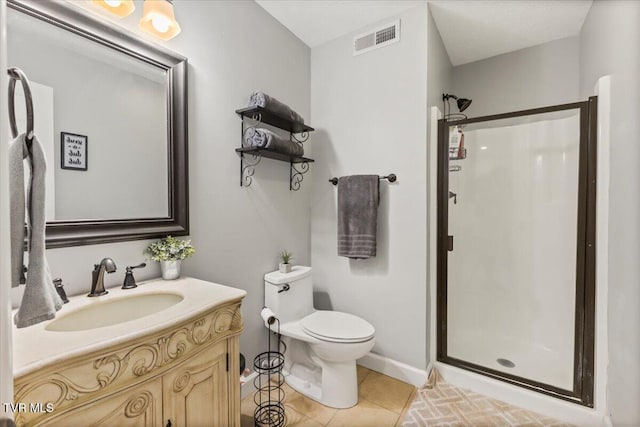 bathroom with a stall shower, vanity, toilet, and visible vents