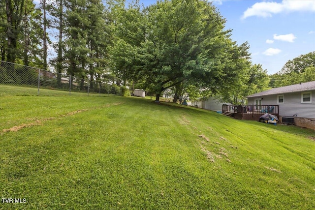 view of yard featuring central AC unit, fence, and a wooden deck