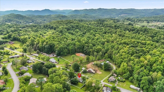drone / aerial view with a mountain view and a view of trees