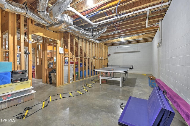 unfinished below grade area featuring concrete block wall