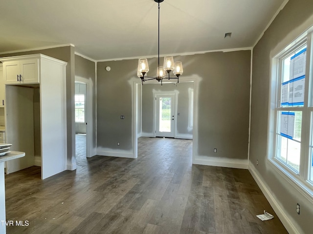 275 Greenwood Rd, Afton, TN 37616 - unfurnished dining area with a chandelier, ornamental molding, dark wood finished floors, and baseboards