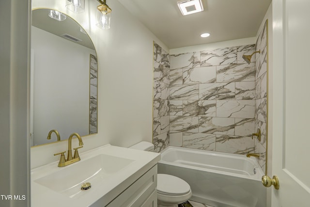 bathroom featuring toilet, bathtub / shower combination, visible vents, vanity, and recessed lighting
