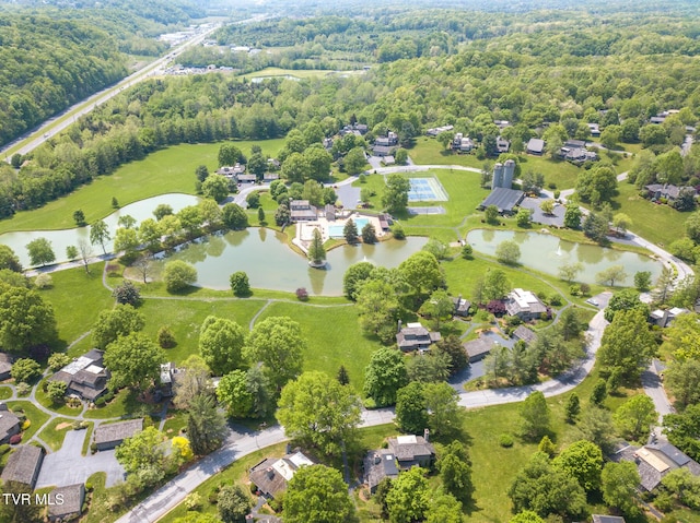 drone / aerial view with a water view and a residential view