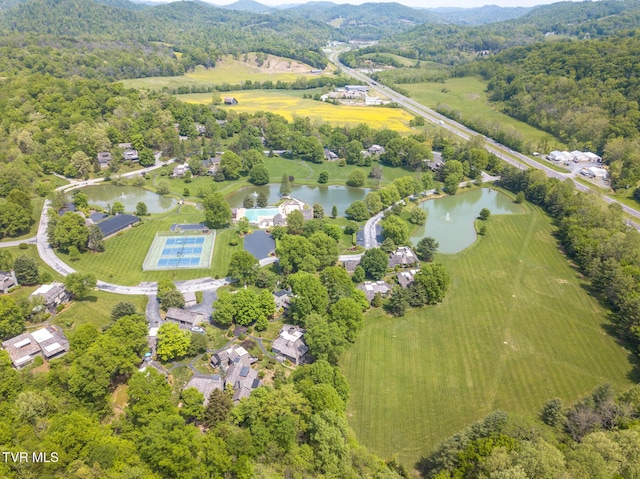 birds eye view of property featuring a water view and a forest view
