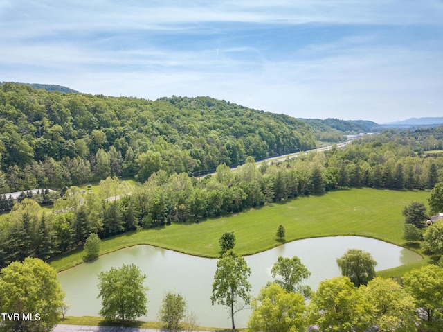 aerial view featuring a wooded view and a water view