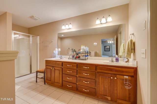 full bathroom with tile patterned floors, a stall shower, and double vanity