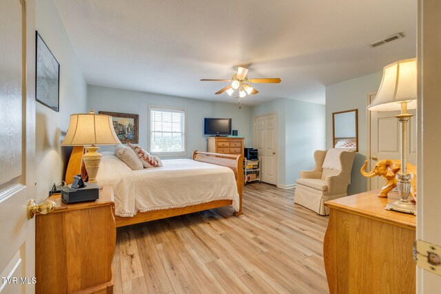 bedroom featuring light wood-type flooring, a ceiling fan, and baseboards