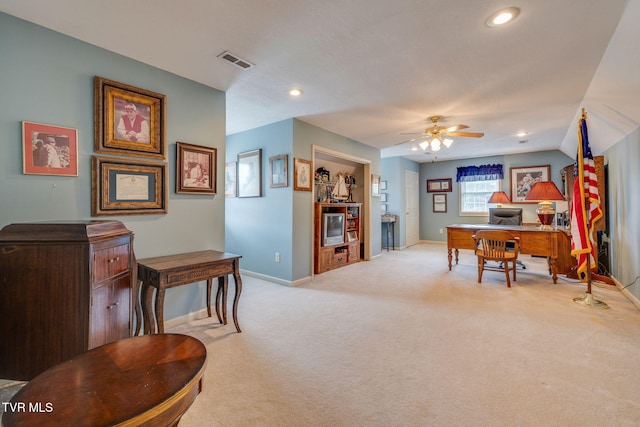 home office with light carpet, a ceiling fan, baseboards, and recessed lighting