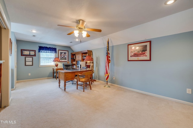 office featuring carpet flooring, ceiling fan, recessed lighting, baseboards, and vaulted ceiling