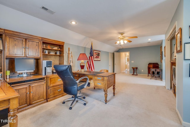 home office featuring light colored carpet, a ceiling fan, baseboards, and recessed lighting