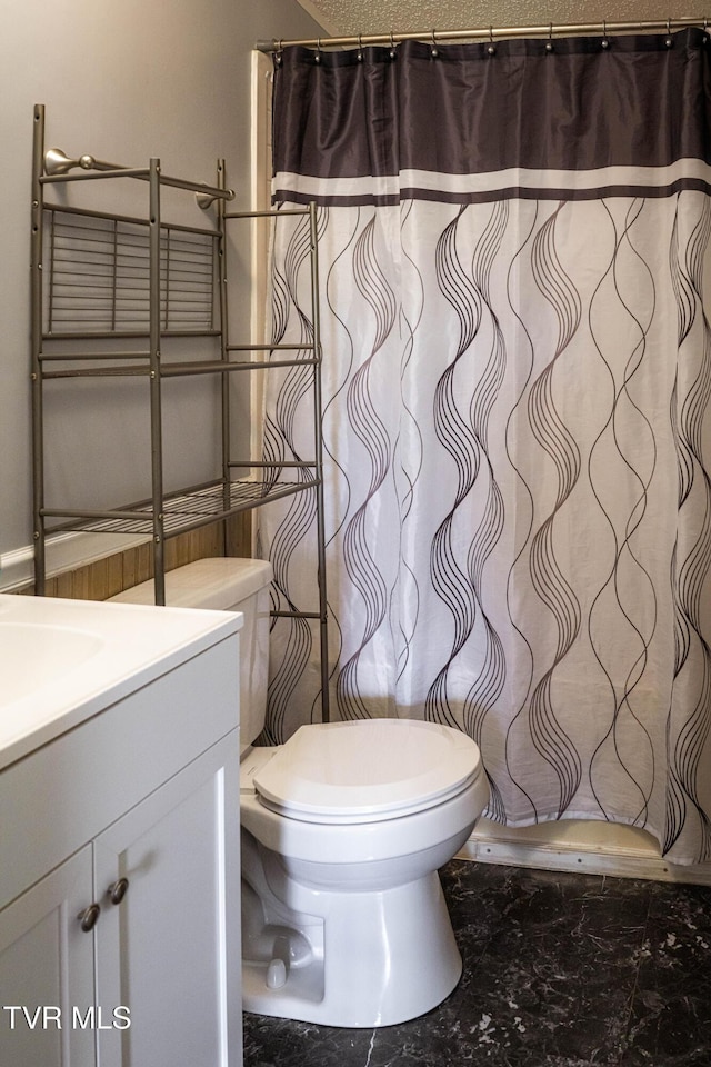 full bathroom featuring toilet, vanity, and a shower with curtain