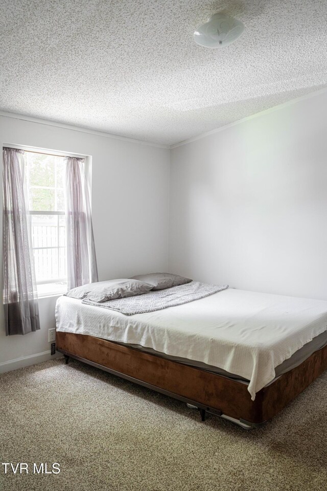 carpeted bedroom with a textured ceiling