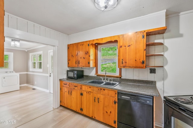 23249 Marys Chapel Rd, Bristol, VA 24202 - kitchen with black appliances, washer / clothes dryer, a sink, open shelves, and light wood-style floors