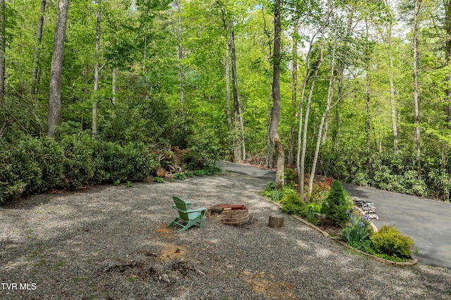 view of yard featuring an outdoor fire pit and a forest view