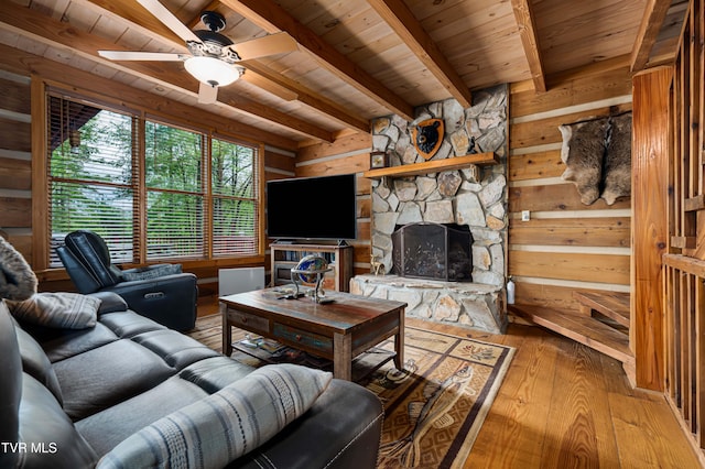 living room featuring a ceiling fan, beam ceiling, light wood-type flooring, wood walls, and wooden ceiling