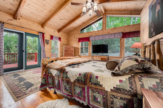 bedroom with wooden ceiling, wooden walls, access to outside, hardwood / wood-style floors, and vaulted ceiling with beams
