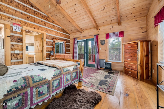 bedroom with access to outside, wood-type flooring, vaulted ceiling with beams, wooden ceiling, and wooden walls