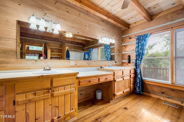 bathroom with a sink, visible vents, ceiling fan, wooden ceiling, and wooden walls