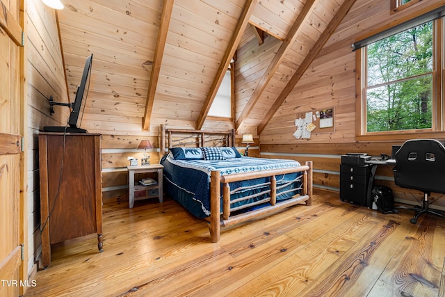 bedroom with wooden walls, light wood finished floors, wooden ceiling, and lofted ceiling with beams