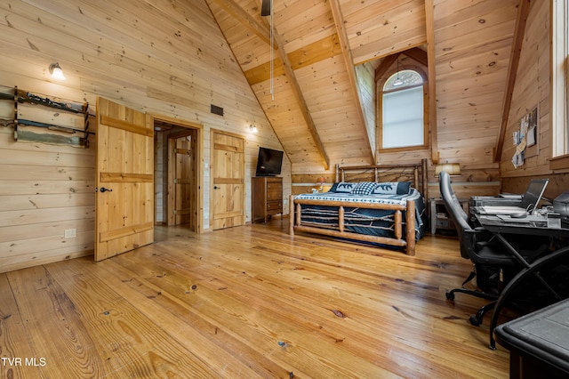 bedroom featuring lofted ceiling, visible vents, wooden walls, wood ceiling, and light wood-style floors
